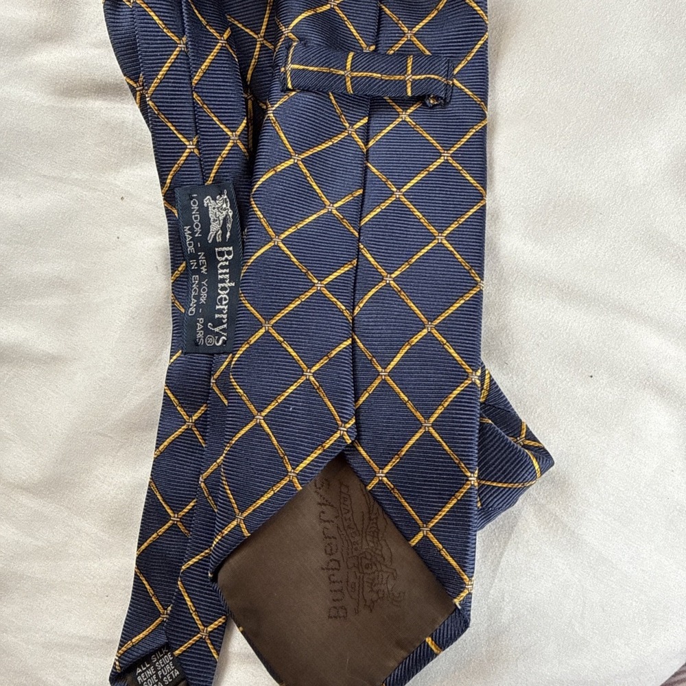 Burberry of London 100% Silk Mens Blue Gold Geometric Lattice Bamboo Plaid Tie - Picture 6 of 7